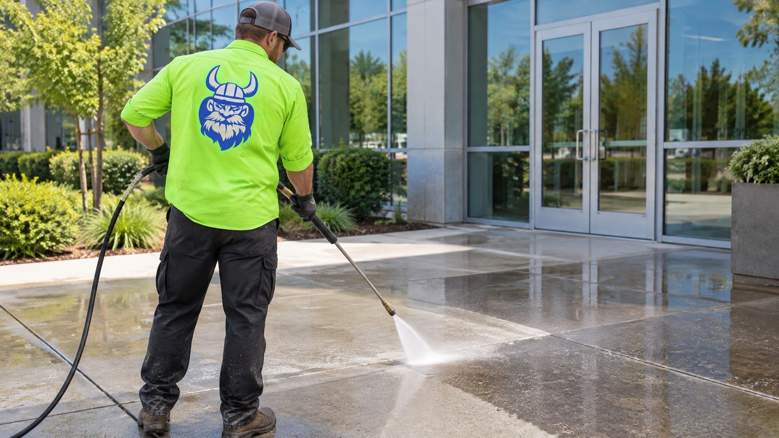 Crew member in a neon green company shirt pressure washing a commercial building plaza