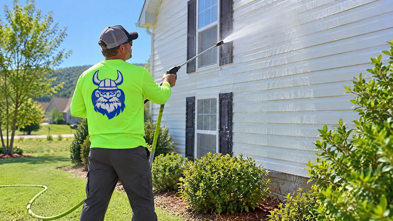 Viking Pro Solutions crew member in a neon green company shirt soft-washing the siding of a Huntsville, Alabama home