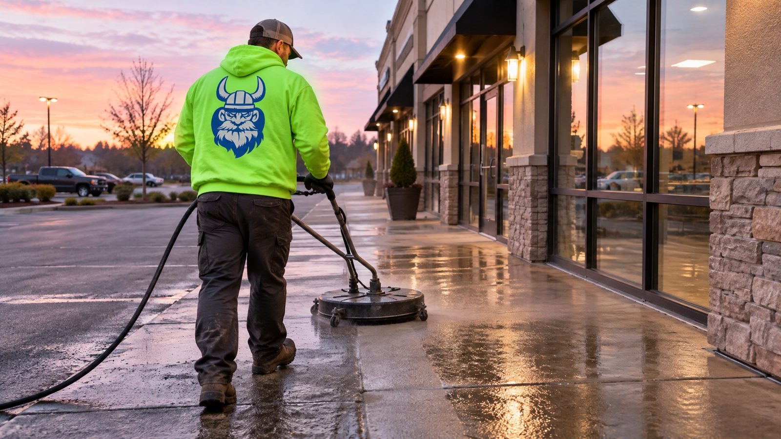 Crew member in a neon green company hoodie surface-cleaning a shopping plaza sidewalk at dawn